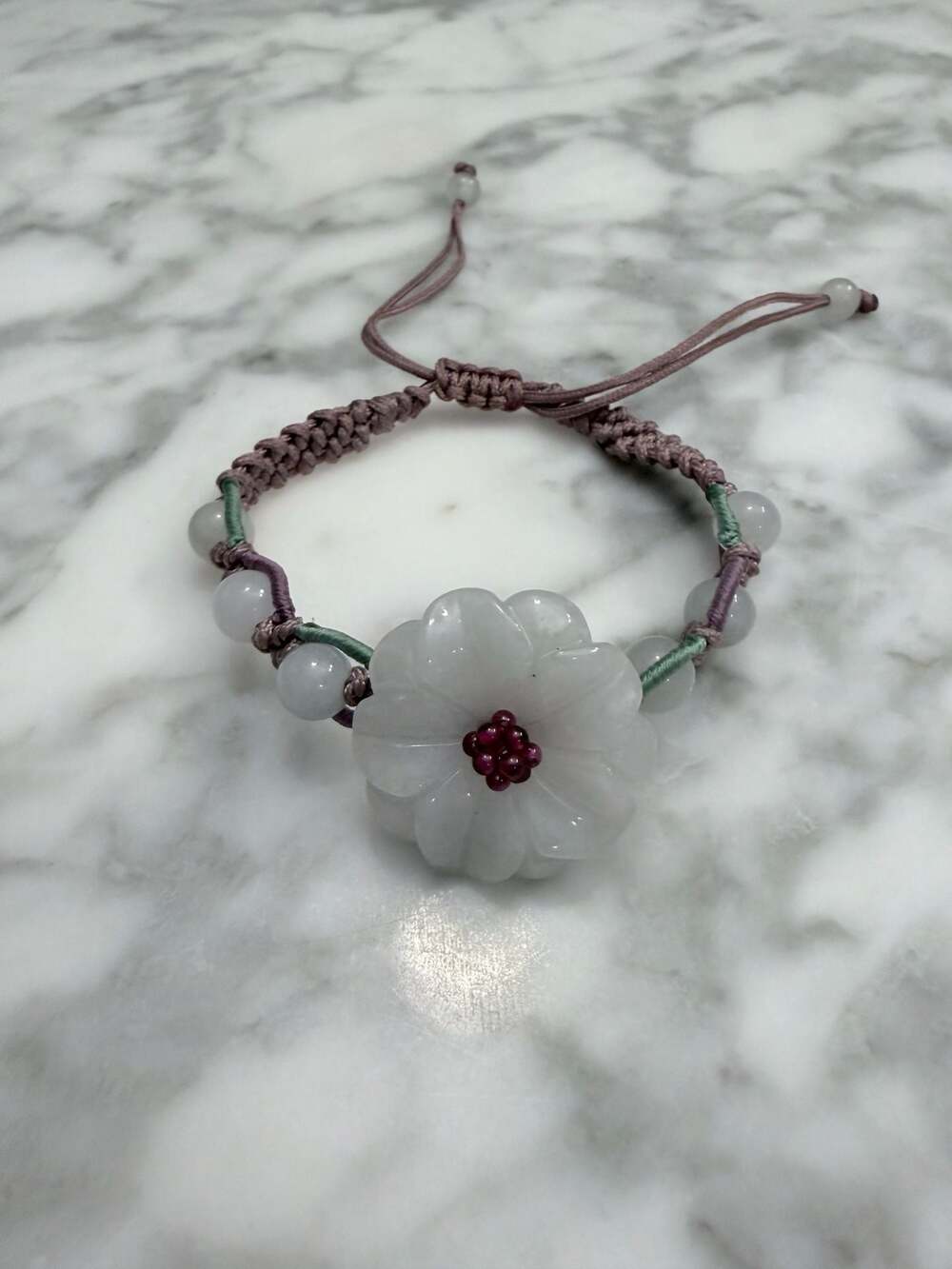 Hand-Knotted Adjustable Lavender Cord Bracelet w/ Carved White Jade Flower